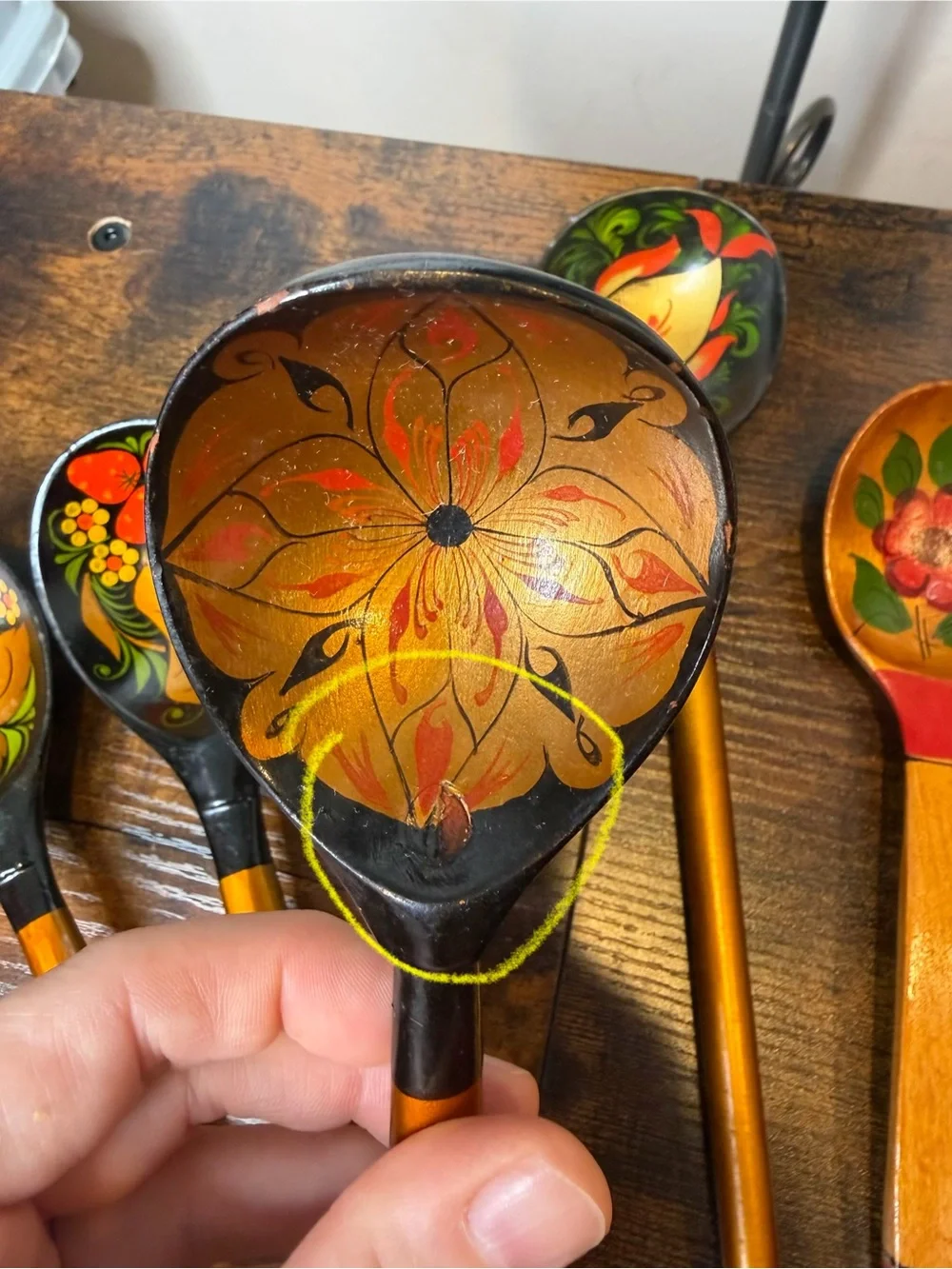 Hand-Painted Black and Gold Wooden Decorative Spoons Set of 5